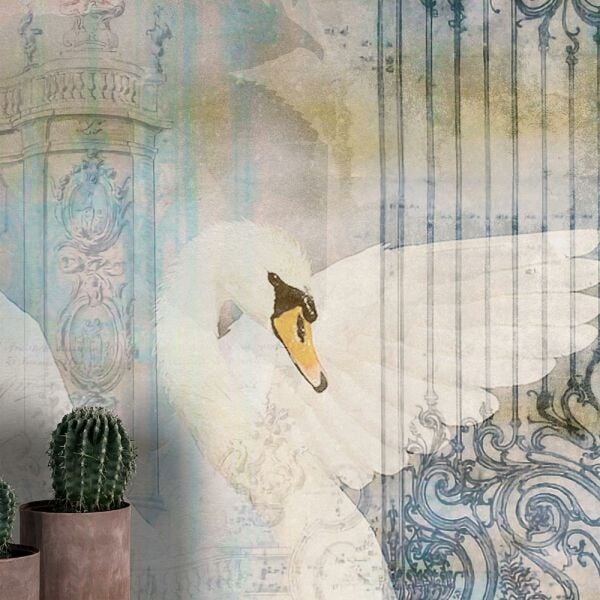 Beyaz Kuğu Ve Çiçekler Duvar Kağıdı