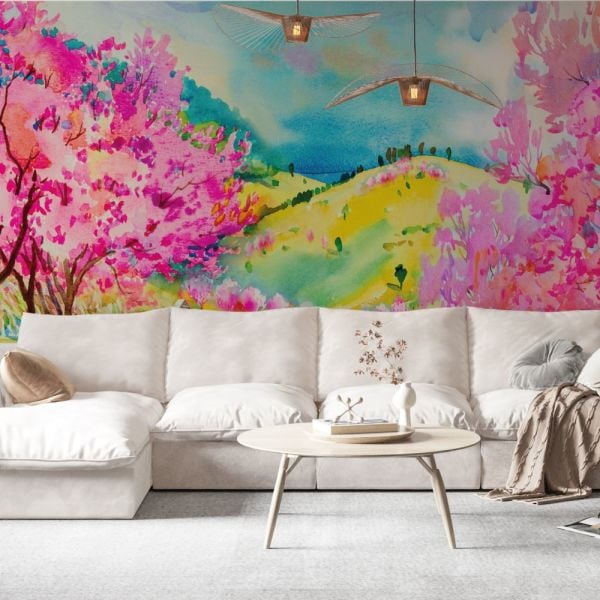Renkli Dağlar Çiçekli Ağaçlar Duvar Kağıdı