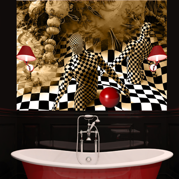 Siyah Beyaz Damalı Zeminde Figüratif Desen Duvar Kağıdı