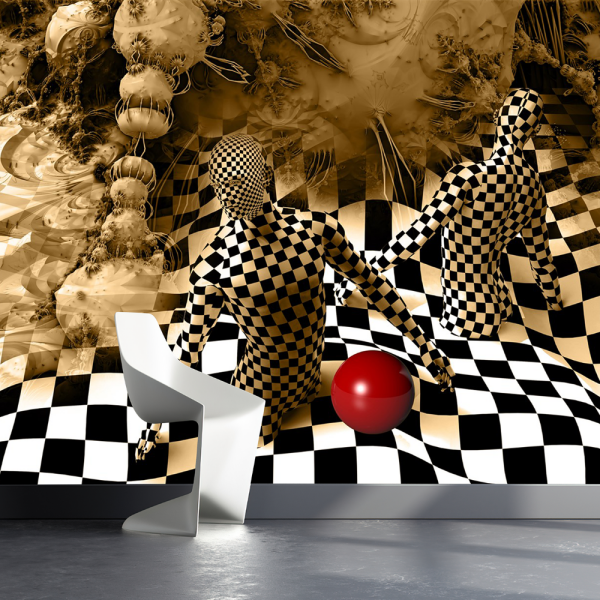 Siyah Beyaz Damalı Zeminde Figüratif Desen Duvar Kağıdı