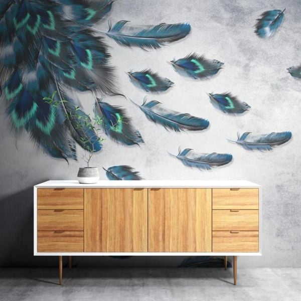 Uva Gri Zeminde Tavuskuşu Tüyler Duvar Kağıdı