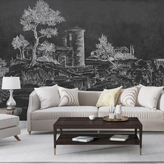 Siyah Zeminde Beyaz Çizim Buğday Ambarı Duvar Kağıdı