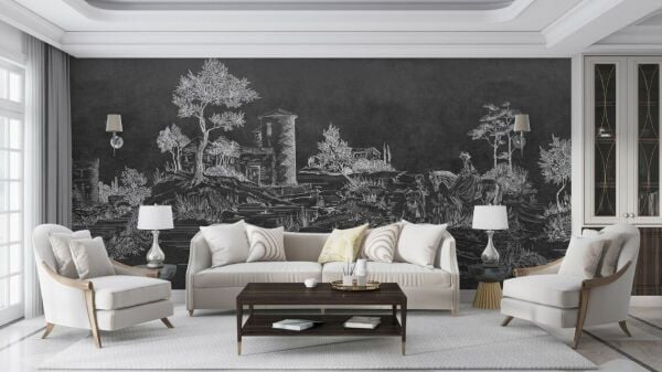 Siyah Zeminde Beyaz Çizim Buğday Ambarı Duvar Kağıdı