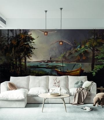 Yağlı Boya Çizim Manzara Kayık Duvar Kağıdı