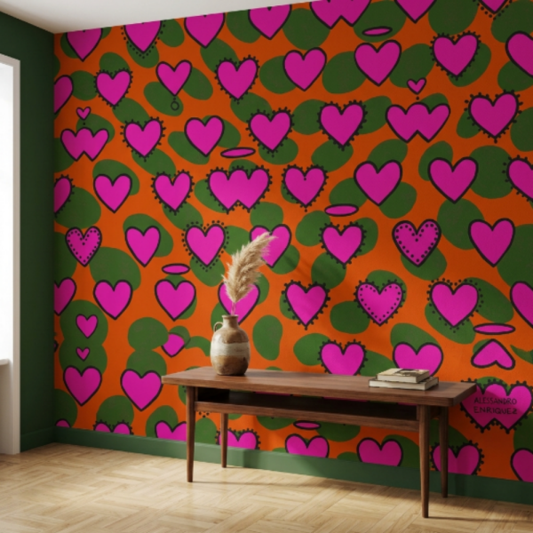 Enriquezland CuoriPois Turuncu Pembe Kalpli Duvar Kağıdı