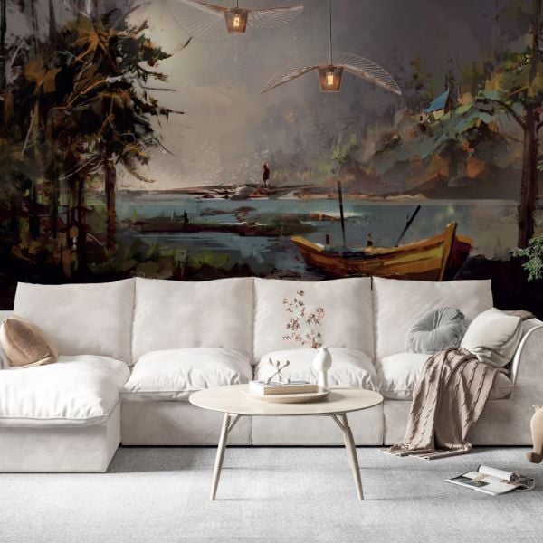 Yağlı Boya Çizim Manzara Kayık Duvar Kağıdı