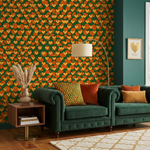 Enriquezland CuoriPois Yeşil Sarı Kalpli Duvar Kağıdı