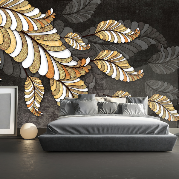 Antrasit Zeminde Boyutlu Yapraklar Duvar Kağıdı