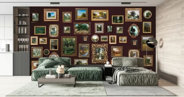 Çerçeve Detaylı Bordo Zeminde Manzaralar Duvar Kağıdı