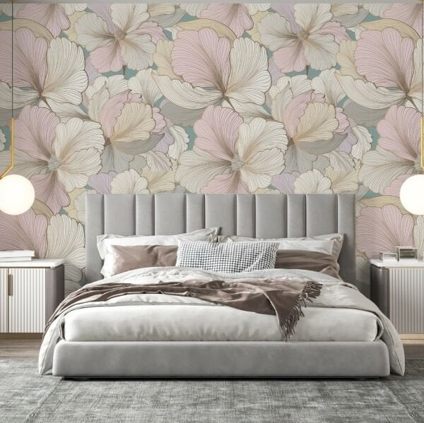 Mavi Zeminde Pembe Çiçekler Duvar Kağıdı