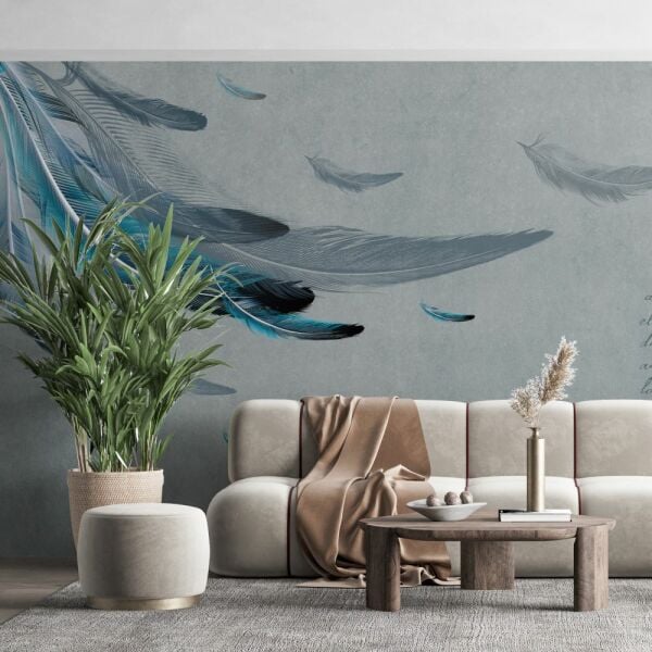 Uva Gri Zeminde Turkuaz Duvar Kağıdı