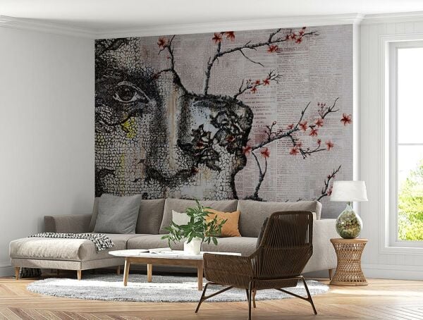 Çatlamış Duvarda Yüz Sakura Çiçekleri Duvar Kağıdı