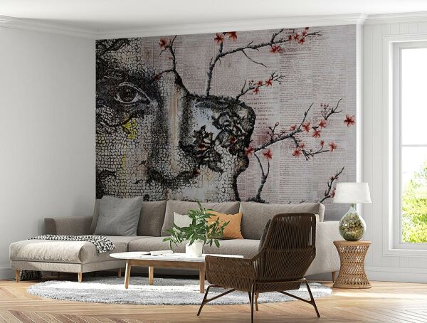 Çatlamış Duvarda Yüz Sakura Çiçekleri Duvar Kağıdı