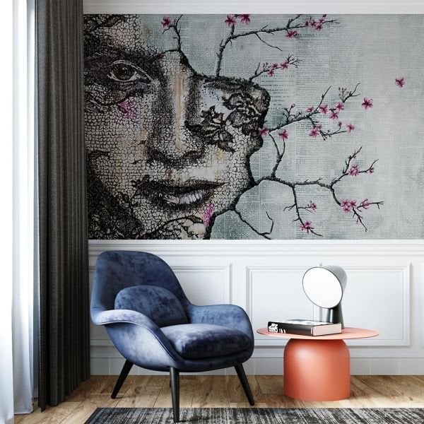 Çatlamış Yüz Fuşya Sakura Çiçekleri Duvar Kağıdı