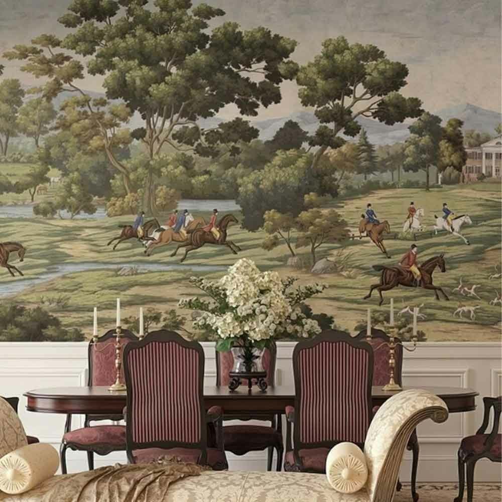 Monticello İngiliz Stili Orman İçinde Köpekli Duvar Kağıdı