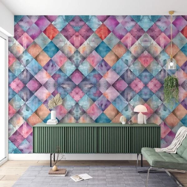 Canlı Renkler Kare Desen Geometrik Desen Duvar Kağıdı