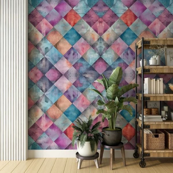 Canlı Renkler Kare Desen Geometrik Desen Duvar Kağıdı