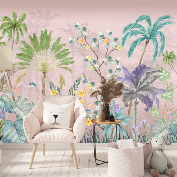 Pembe Zeminde Pamuk Çiçekleri Mutlu Çocuk Duvar Kağıdı