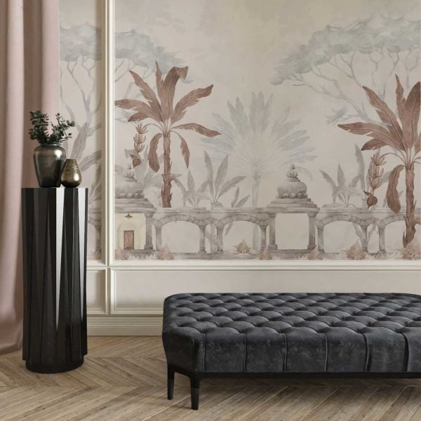 Sepya Gri Tasarım Sütunlar Palmiye Ağaçları Duvar Kağıdı