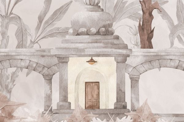 Sepya Gri Tasarım Sütunlar Palmiye Ağaçları Duvar Kağıdı